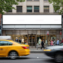 Busy urban street with fashion store and yellow taxi