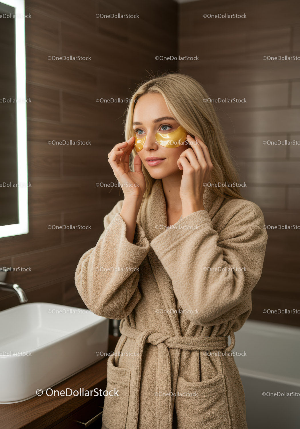 Young Woman Applying Under-Eye Gel Masks in Spa Bathroom
