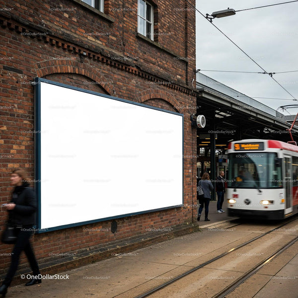 Blank billboard near tram stop on urban street JPG Mockup Image