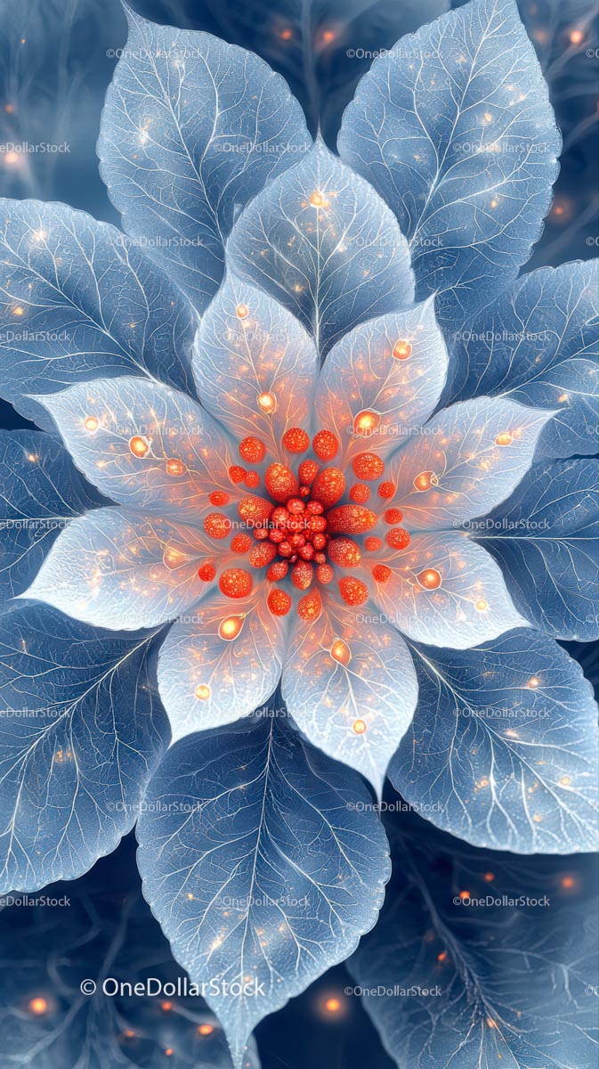 Glowing Red Berries and Blue Poinsettia Flower in Digital Art