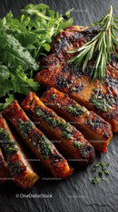 Grilled Beef Ribs with Fresh Green Herbs on Plate