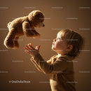 Toddler reaching out to a floating teddy bear