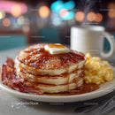 Stack of Fluffy Pancakes with Bacon and Syrup in Cozy Breakfast Setting