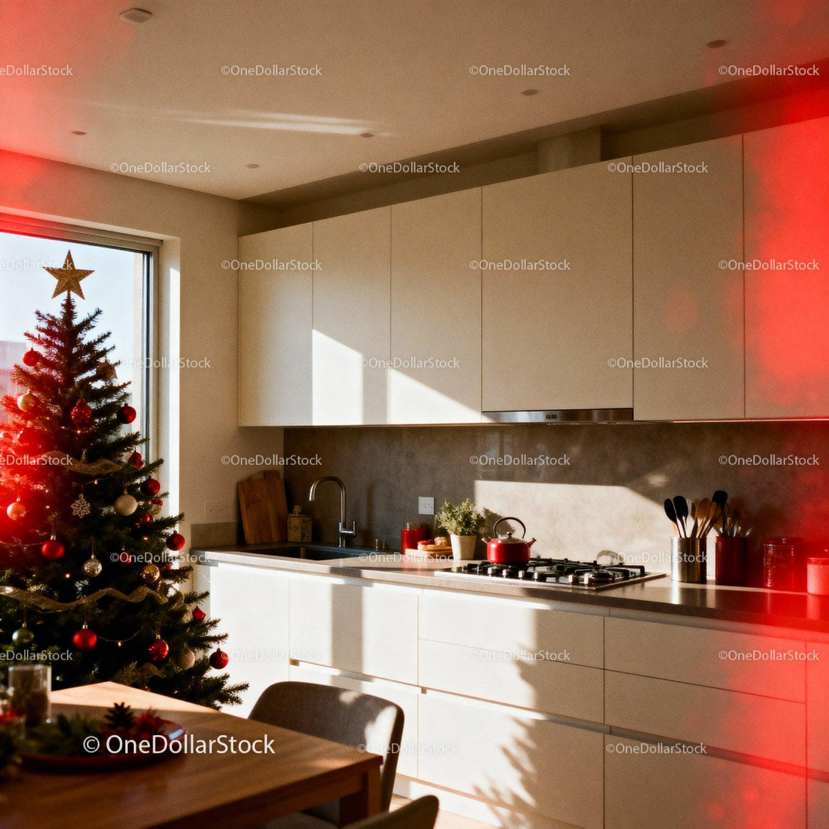 Cozy kitchen with Christmas tree and warm sunlight