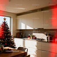 Cozy kitchen with Christmas tree and warm sunlight