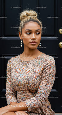 Thoughtful woman with floral dress sitting by dark door