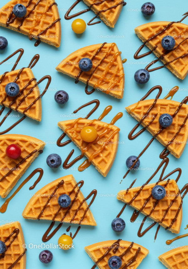 Waffle slices with berries and drizzled chocolate on blue