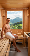 Man Relaxing in Wooden Sauna with Mountain View