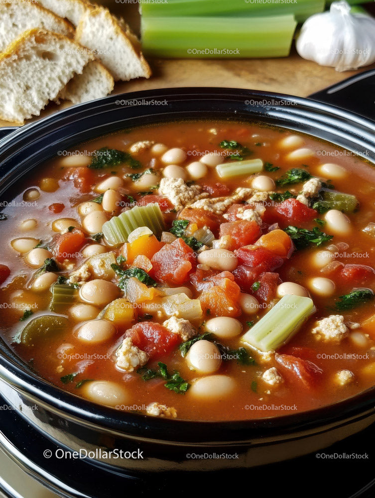 Hearty Vegetable Bean Soup in Black Casserole Dish