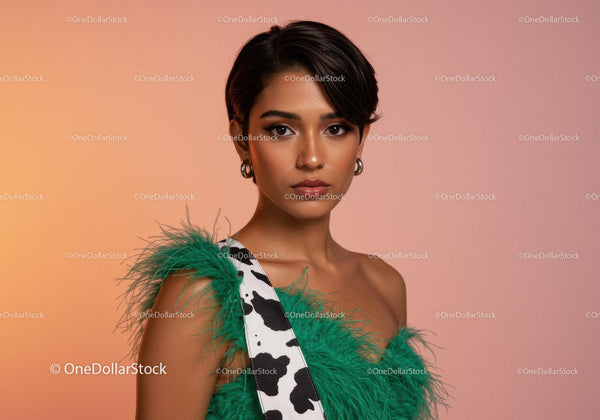 Elegant Fashion Portrait of a Woman in Green Feathered Dress and Animal Print Sash