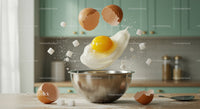 Fresh egg cracking in kitchen bowl with flying sugar cubes