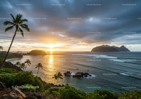 Sunset over Tropical Beach with Palm Trees and Mountain Island