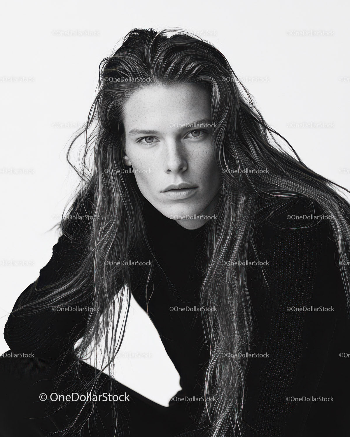 Black and White Portrait of a Woman with Long Hair and Intense Gaze