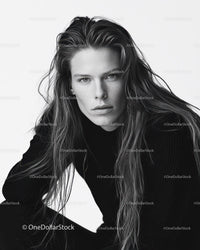 Black and White Portrait of a Woman with Long Hair and Intense Gaze