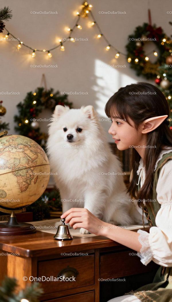 Girl with Elf Ears and White Pomeranian by Globe