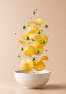 Crispy potato chips and green peas floating above bowl
