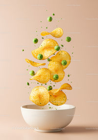 Crispy potato chips and green peas floating above bowl