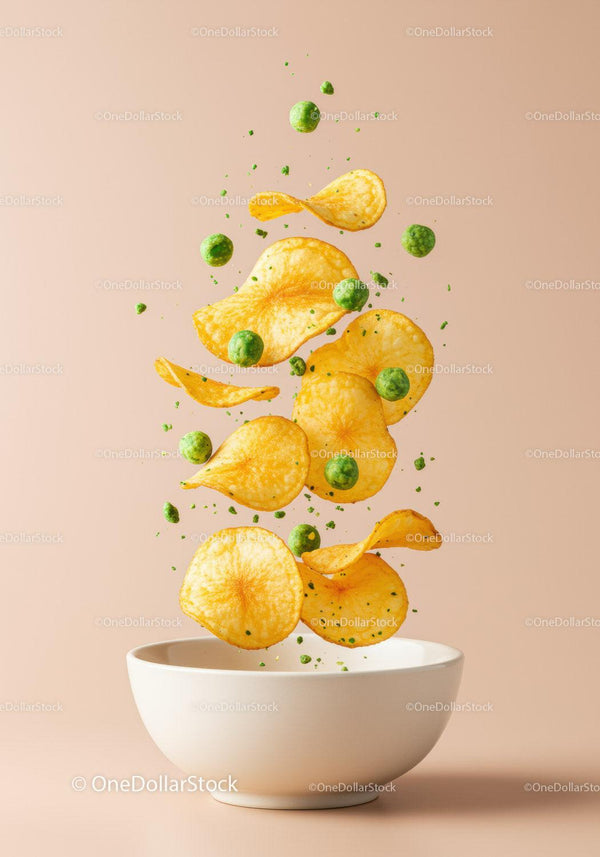 Crispy potato chips and green peas floating above bowl
