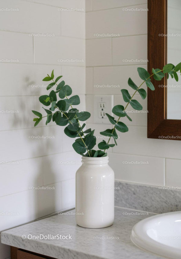 Modern Bathroom with Green Eucalyptus in White Vase