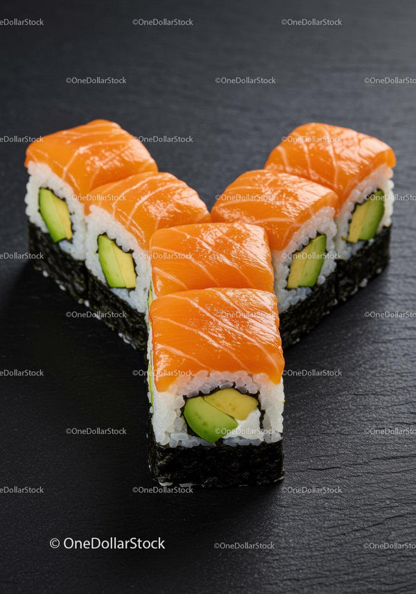 Fresh salmon avocado sushi rolls on black slate