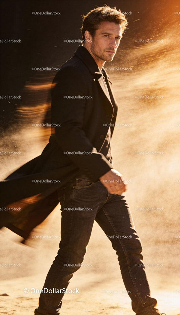 Stylish man walking in sunlit dusty environment
