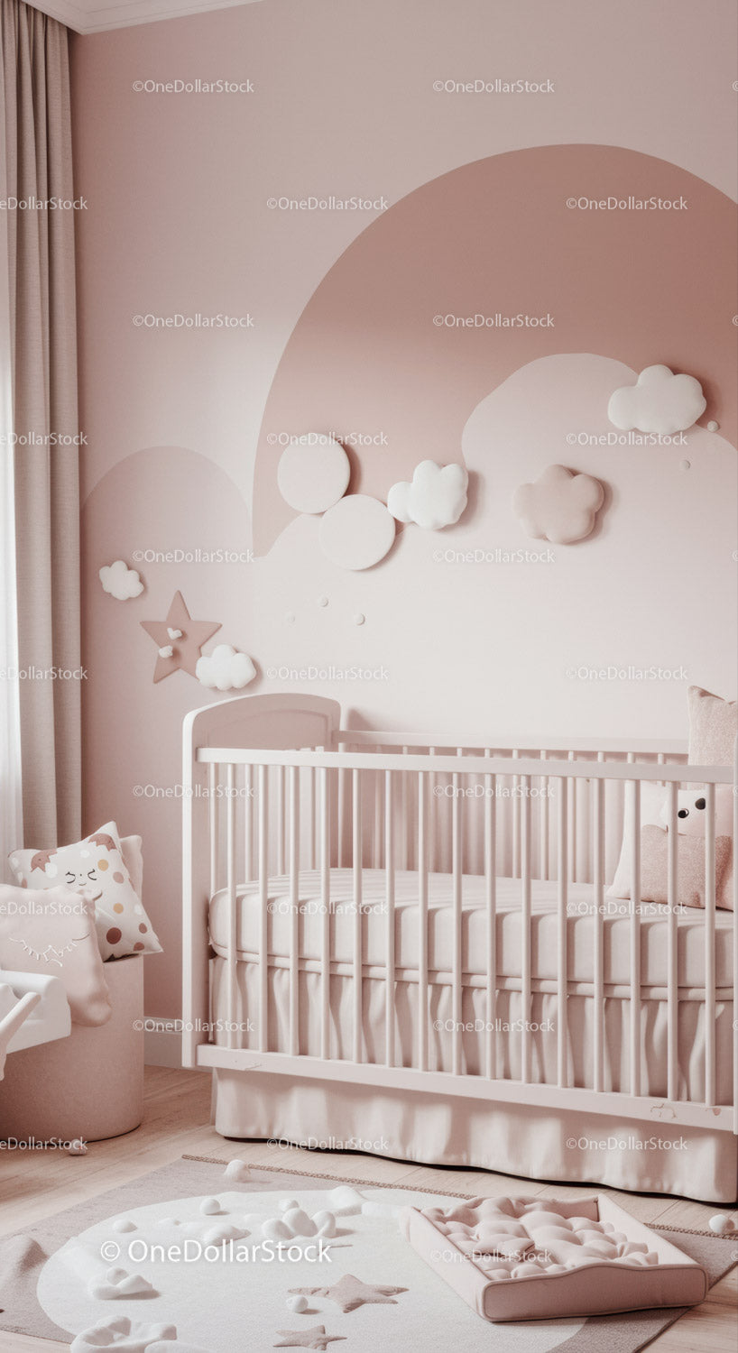 Cute Nursery Decor with Pink Cloud and Star Wall Art and Baby Crib