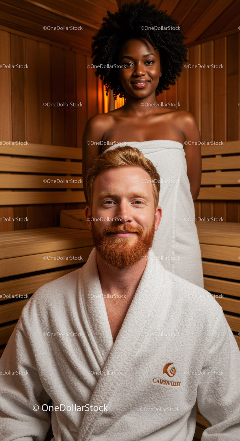 Relaxing Sauna Session with Smiling Man and Woman in Wooden Spa
