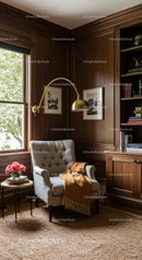 Cozy reading nook with tufted armchair and warm accents