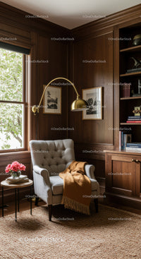 Cozy reading nook with tufted armchair and warm accents