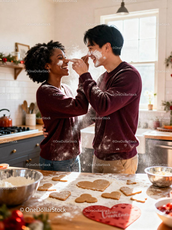 Couple Playfully Baking Valentine Cookies at Home