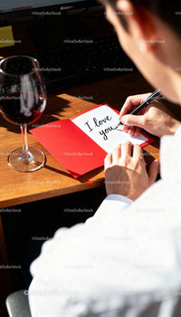 Man Writing Love Note at Desk with Wine Glass Nearby