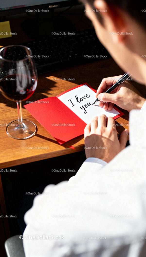 Man Writing Love Note at Desk with Wine Glass Nearby