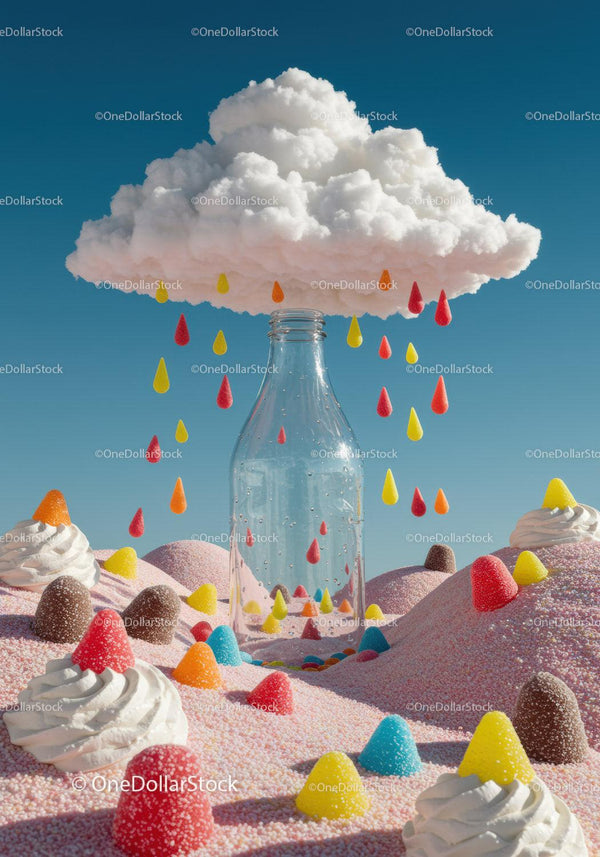 Surreal Candy Landscape with Cloud and Glass Bottle