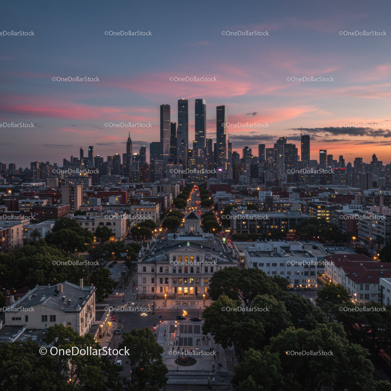 Downtown Skyline Sunset with Modern Skyscrapers and City Lights