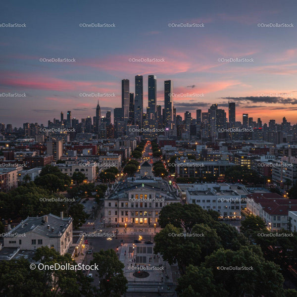 Downtown Skyline Sunset with Modern Skyscrapers and City Lights