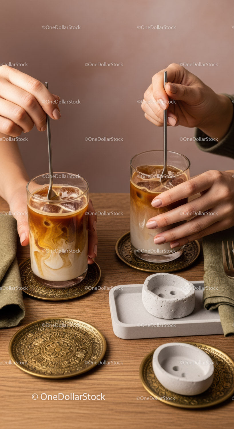 Iced Coffee with Milk and Ice in Elegant Glasses on Wooden Table