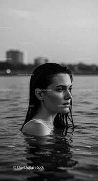 Serene Woman Portrait in Water with City Skyline in Background
