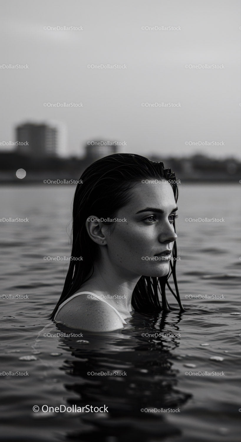Serene Woman Portrait in Water with City Skyline in Background