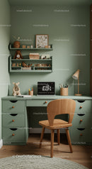 Cozy Kids Study Desk with Wooden Chair and Shelves in Pastel Green
