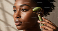 Elegant African American Woman Using Jade Roller for Facial Massage