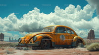 Rusty Vintage Volkswagen Beetle in Desert Landscape with Dramatic Sky