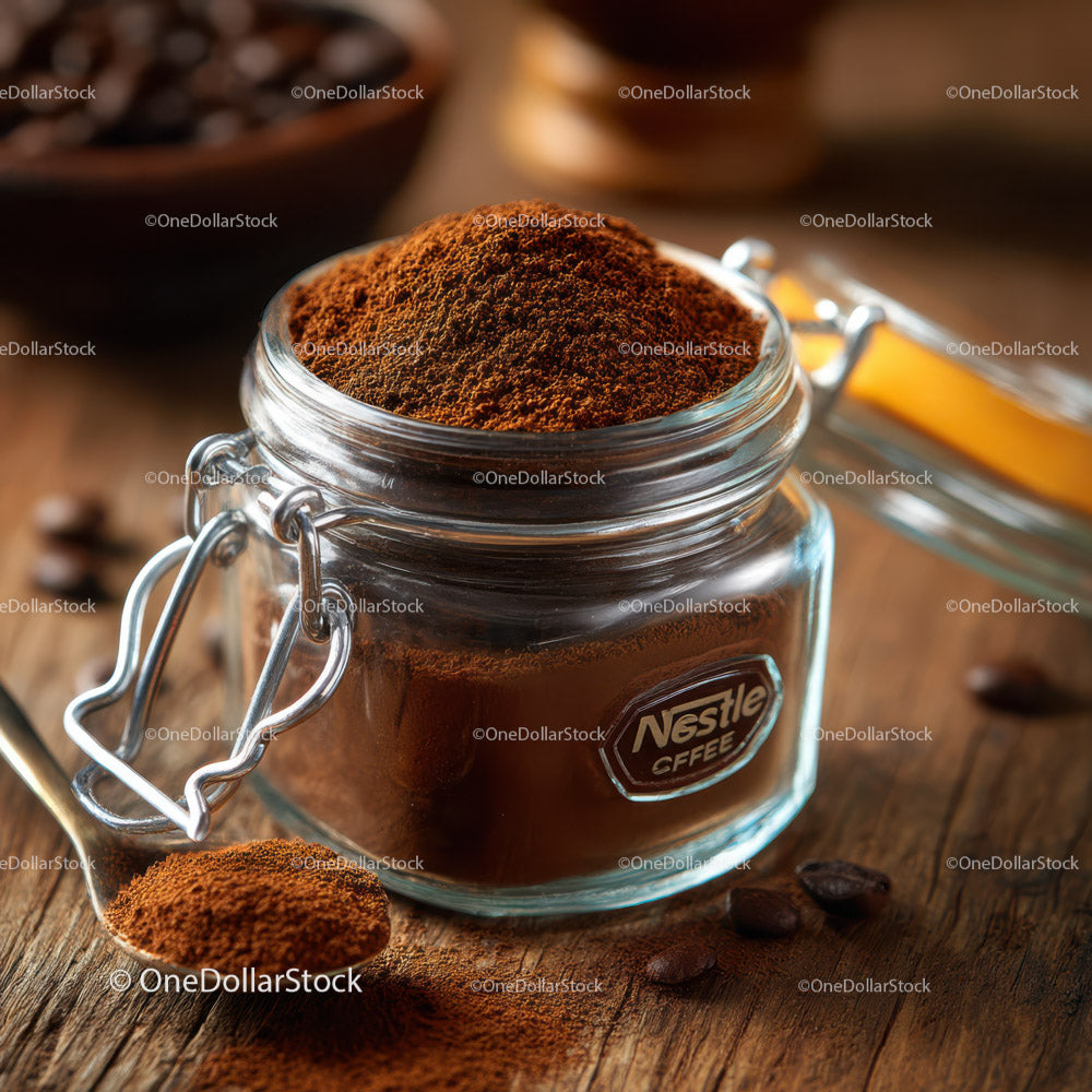 Glass Jar Filled with Fine Ground Coffee and Coffee Beans