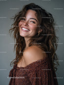 Elegant Woman with Wavy Hair Smiling in Casual Top