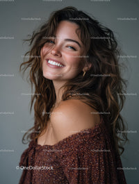Elegant Woman with Wavy Hair Smiling in Casual Top