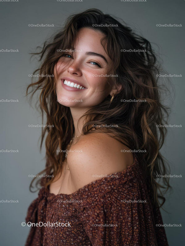 Elegant Woman with Wavy Hair Smiling in Casual Top