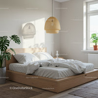 Minimalist wooden bed with soft white bedding in bright room