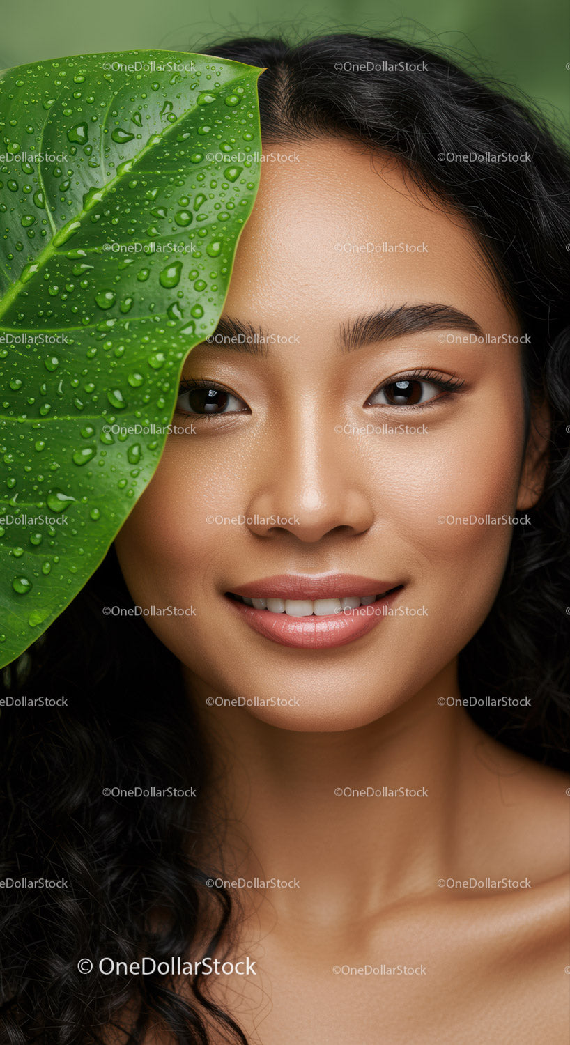 Young Woman with Black Curly Hair and Fresh Green Leaf