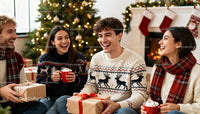 Friends enjoying Christmas gifts and hot drinks indoors