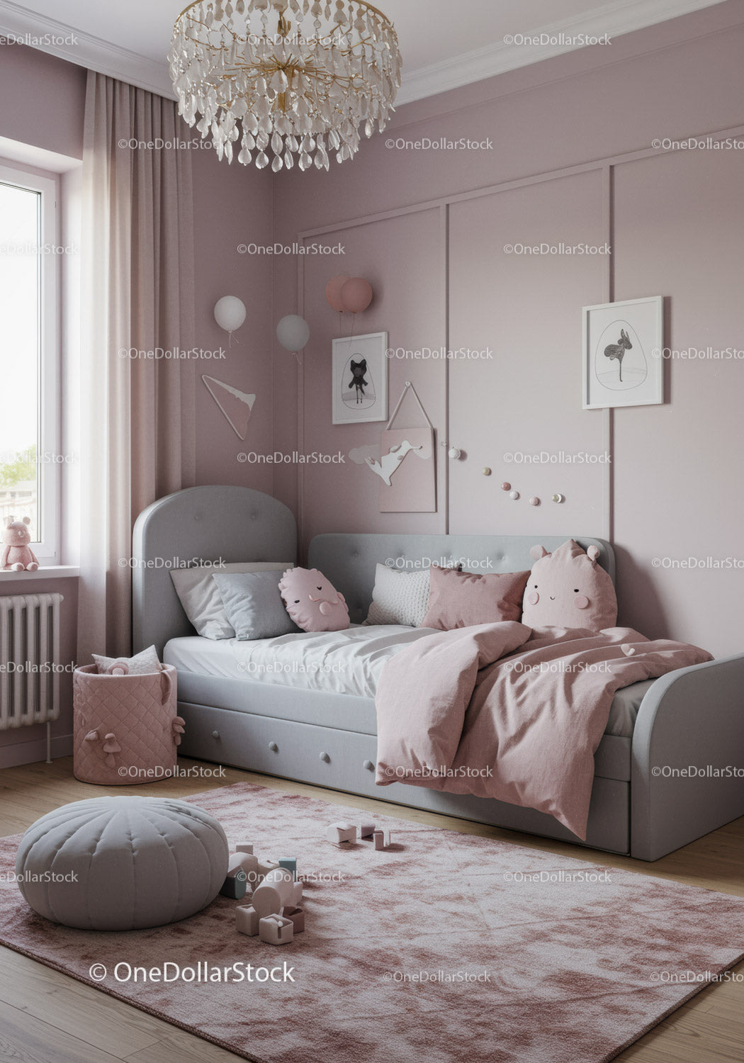 Beautiful Pink Kids Bedroom with Cozy Bed and Play Area