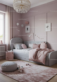 Beautiful Pink Kids Bedroom with Cozy Bed and Play Area